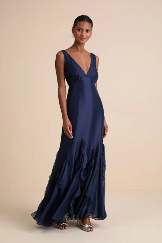 Deluca Navy Floral Sleeveless Ruffled Maxi Dress sold by Lulus