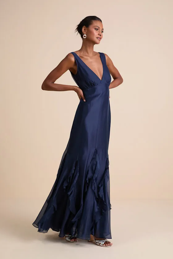Deluca Navy Floral Sleeveless Ruffled Maxi Dress sold by Lulus product image thumbnail 4