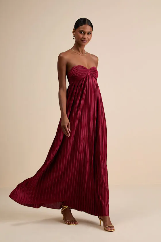 Whimsical Beauty Wine Red Satin Plisse Strapless Maxi Dress sold by Lulus