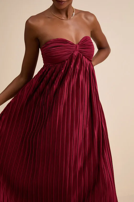 Whimsical Beauty Wine Red Satin Plisse Strapless Maxi Dress sold by Lulus product image thumbnail 2