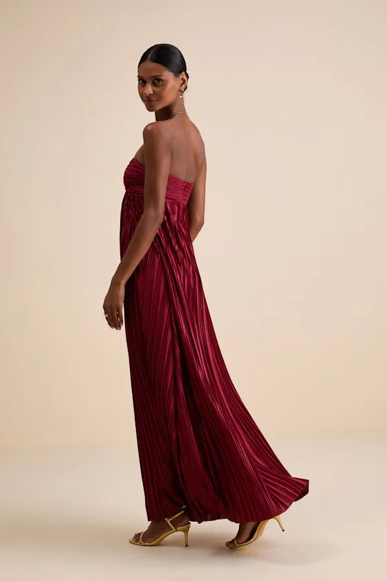 Whimsical Beauty Wine Red Satin Plisse Strapless Maxi Dress sold by Lulus product image thumbnail 3
