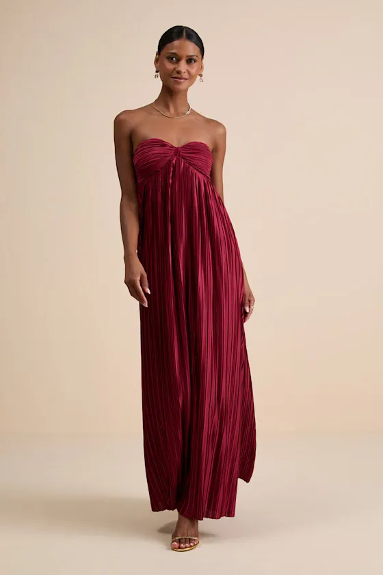 Whimsical Beauty Wine Red Satin Plisse Strapless Maxi Dress sold by Lulus product image thumbnail 4