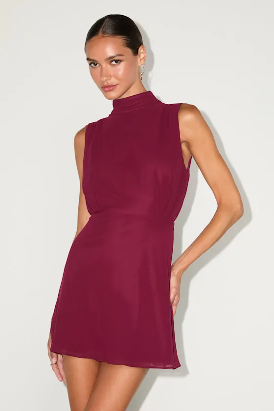 Classic Elegance Red Chiffon Sleeveless Mock Neck Mini Dress sold by Lulus