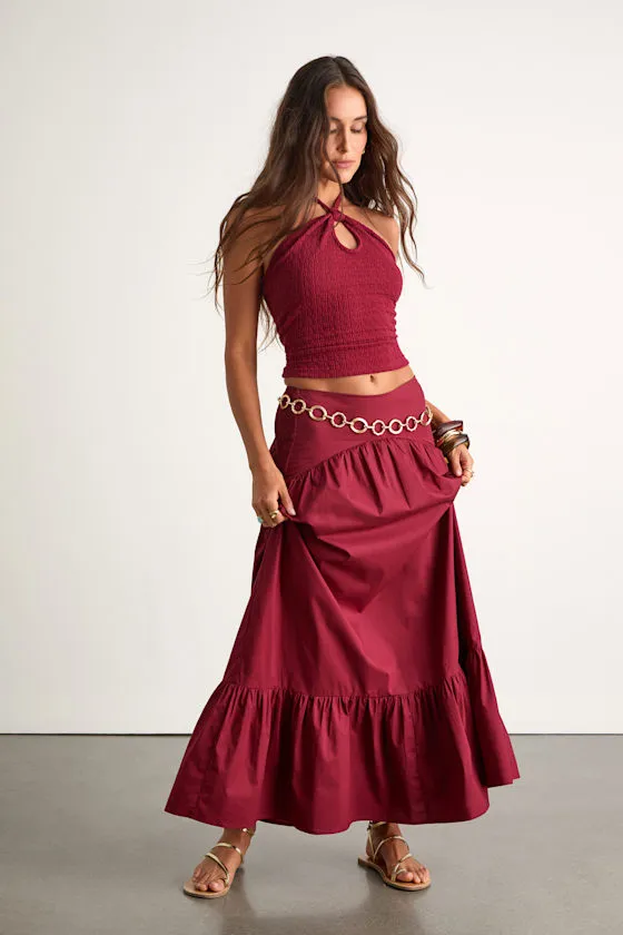 Juniper Dark Red Cotton Mid-Rise Maxi Skirt sold by Lulus