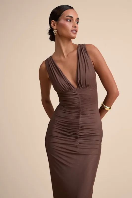 Aveline Brown Jersey Knit Ruched Bodycon Maxi Dress made by Lulus