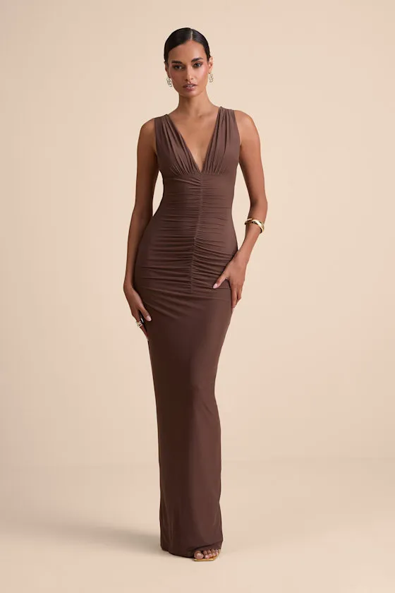 Aveline Brown Jersey Knit Ruched Bodycon Maxi Dress sold by Lulus product image thumbnail 2