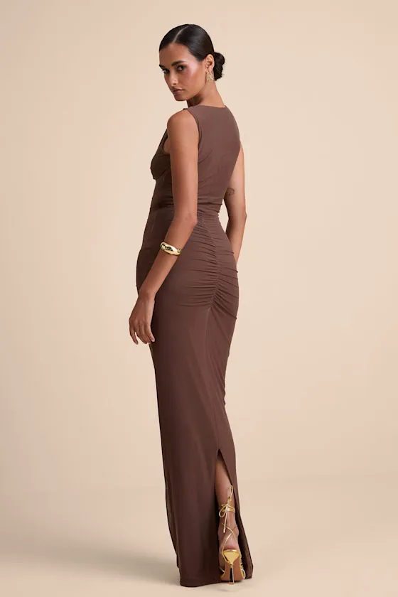 Aveline Brown Jersey Knit Ruched Bodycon Maxi Dress sold by Lulus product image thumbnail 4