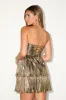 Ilyra Bronze Lurex Plisse Cutout Strapless Mini Dress sold by Lulus