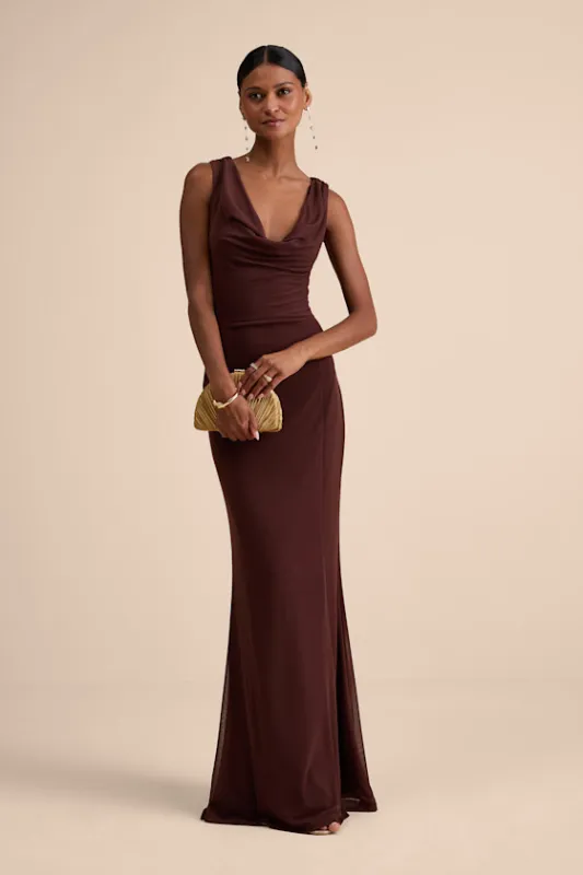 Stunning Mystery Brown Mesh Cowl Back Mermaid Maxi Dress sold by Lulus