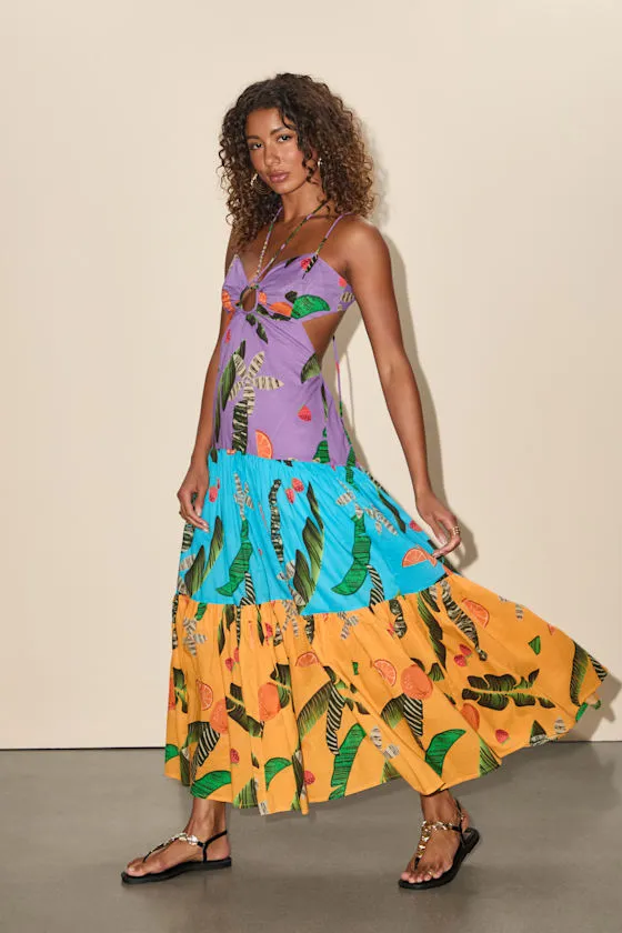 Helia Purple Multi Tropical Print Cutout Maxi Dress sold by Lulus