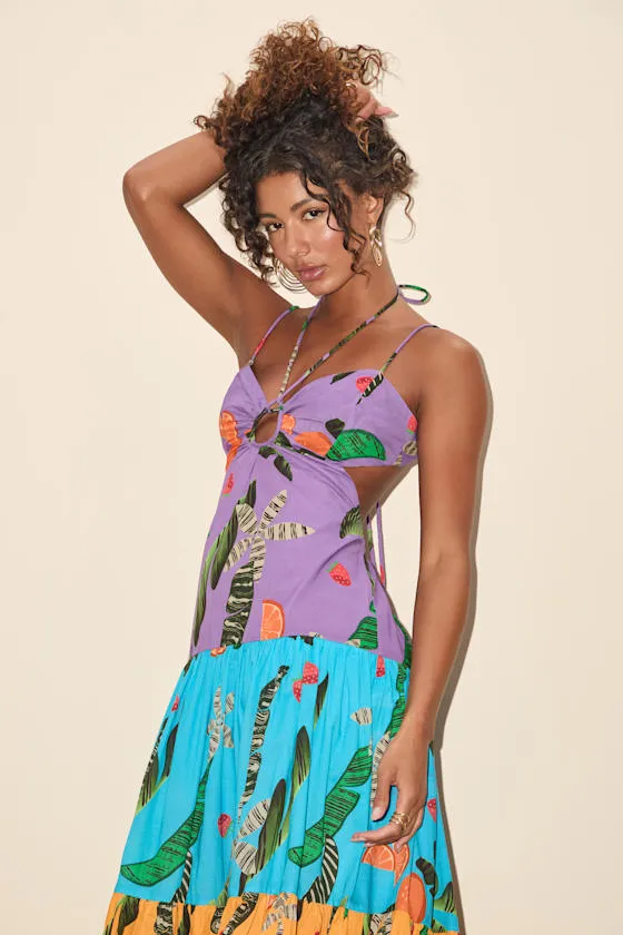 Helia Purple Multi Tropical Print Cutout Maxi Dress sold by Lulus product image thumbnail 2