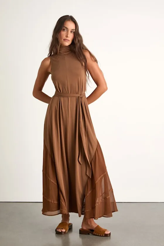 Jessa Brown Jersey Knit Mock Neck Maxi Dress sold by Lulus