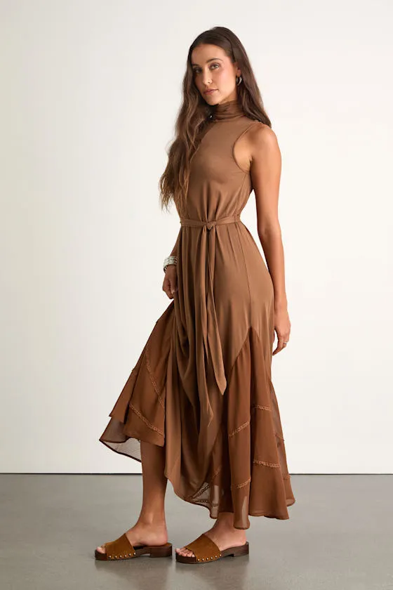 Jessa Brown Jersey Knit Mock Neck Maxi Dress sold by Lulus product image thumbnail 3