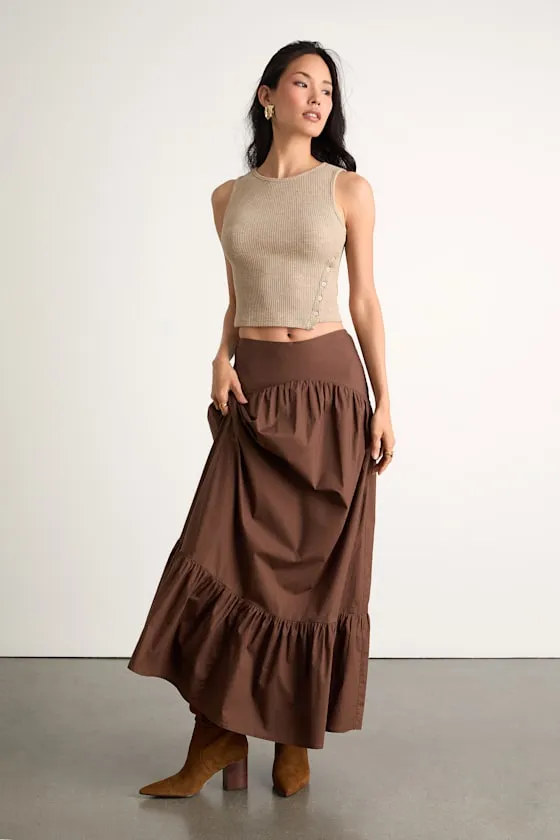 Juniper Dark Brown Cotton Mid-Rise Maxi Skirt sold by Lulus