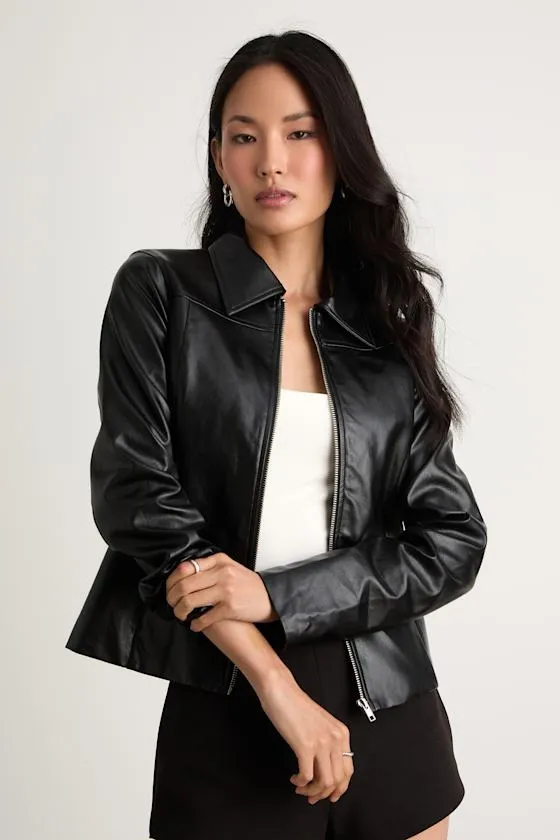 Rossana Black Vegan Leather Collared Jacket sold by Lulus