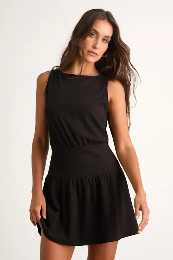 Junie Black Ribbed Knit Boat Neck Mini Dress sold by Lulus