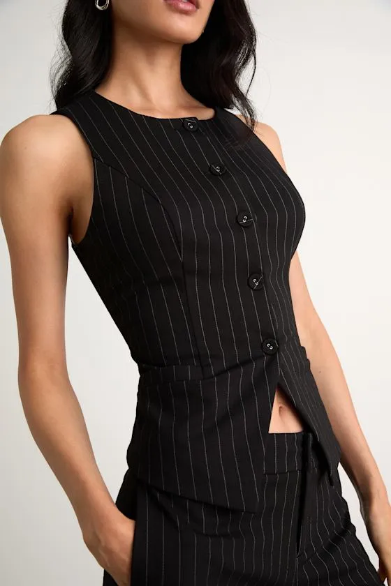 Hadriel Black Pinstriped Button-Front Vest Top sold by Lulus product image thumbnail 2