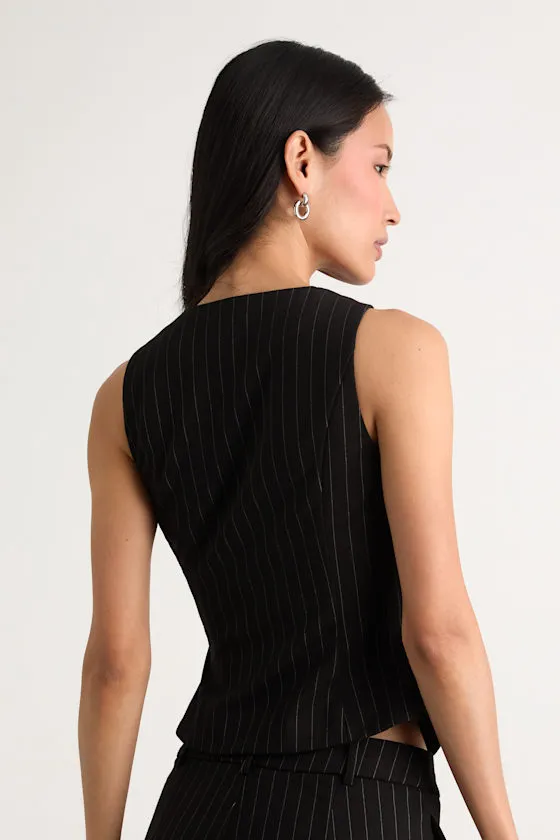 Hadriel Black Pinstriped Button-Front Vest Top sold by Lulus product image thumbnail 3