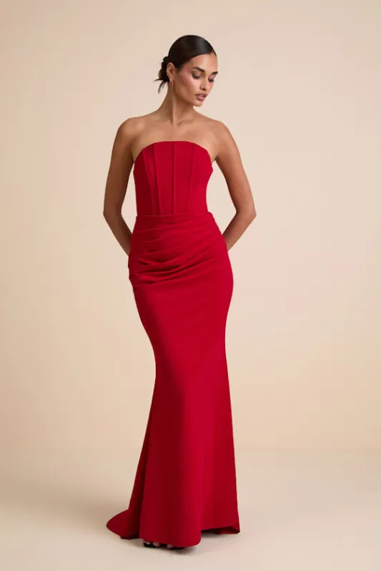 Laney Red Strapless Corset Maxi Dress sold by Lulus