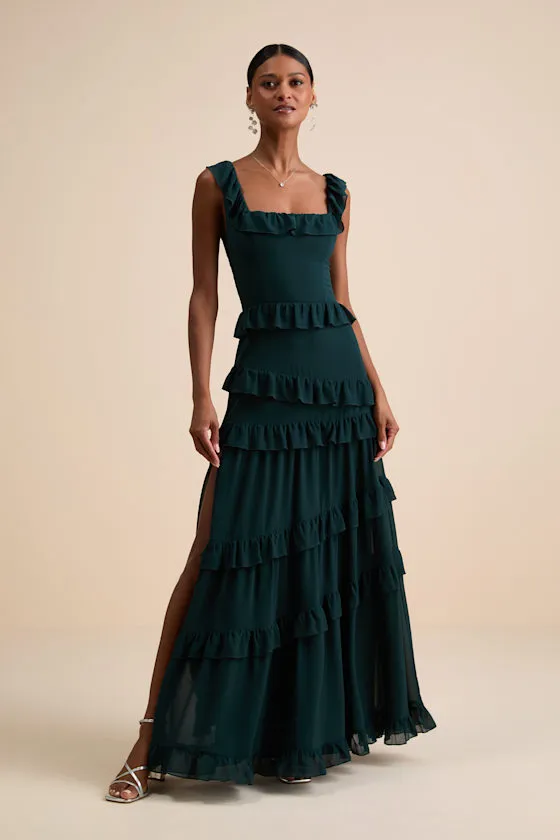 Compelling Romantic Dark Green Ruffled Tiered Maxi Dress sold by Lulus