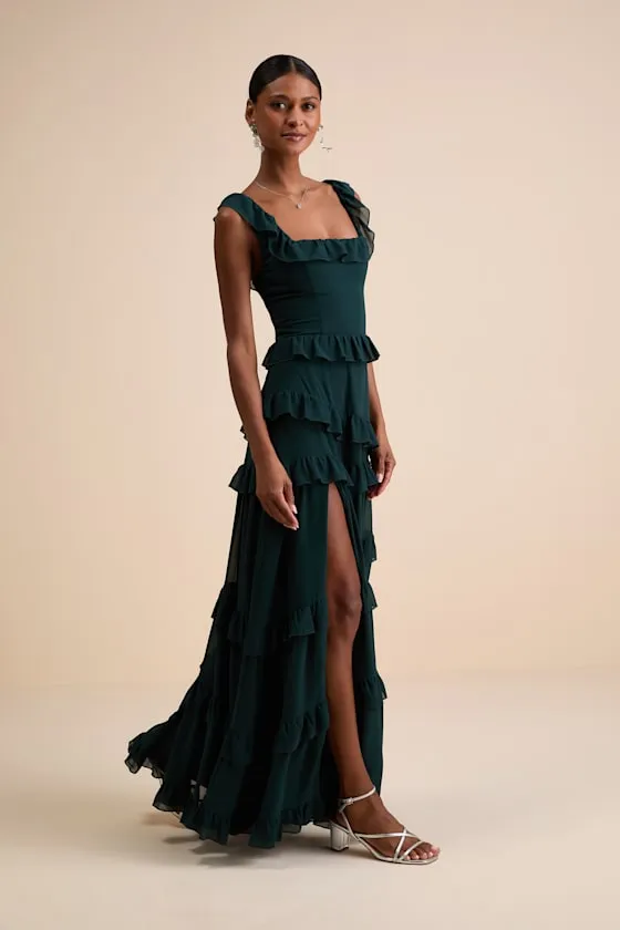Compelling Romantic Dark Green Ruffled Tiered Maxi Dress sold by Lulus product image thumbnail 4