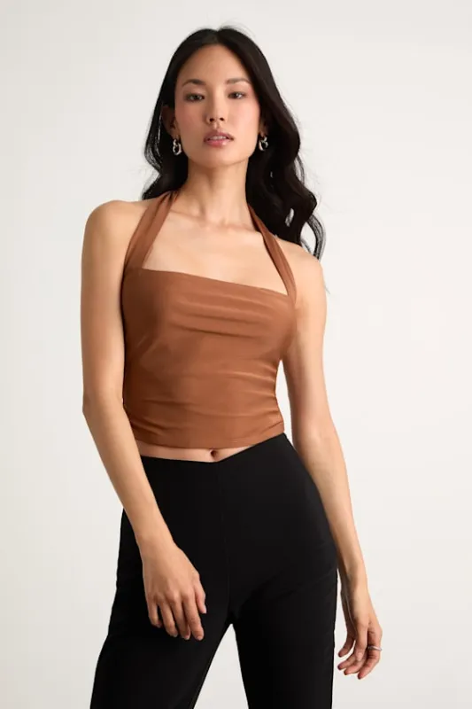 Laniah Light Brown Slinky Knit Halter Crop Top sold by Lulus