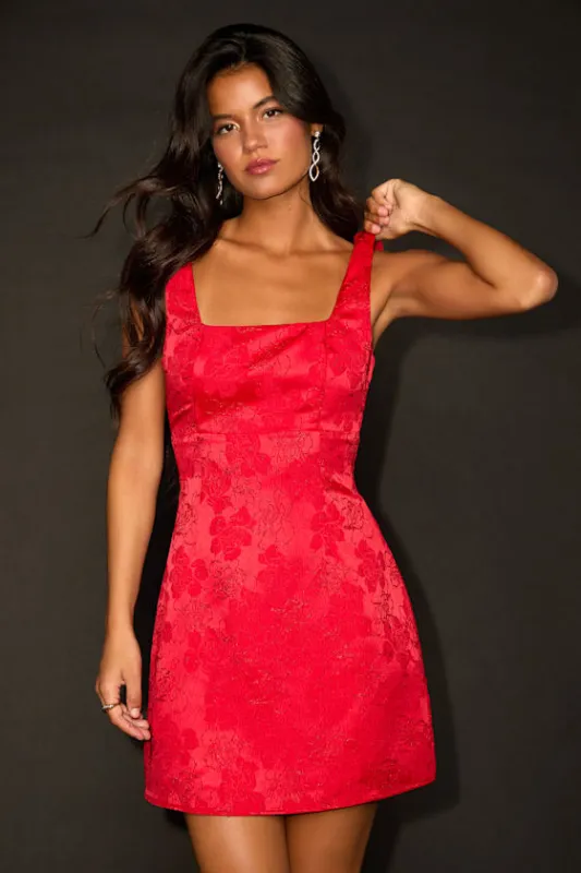 Perfectly Flirtatious Red Floral Jacquard Tie-Back Mini Dress sold by Lulus