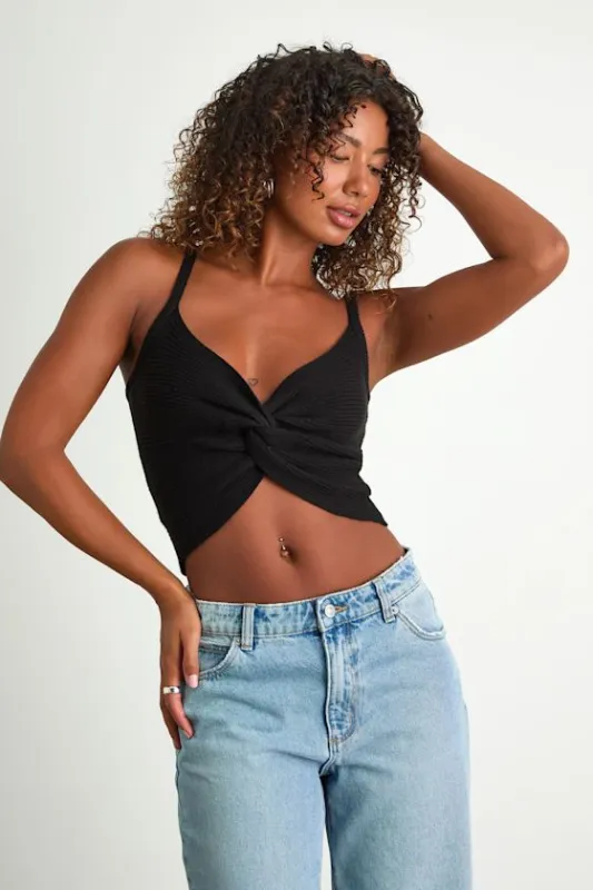 Melika Black Ribbed Knotted Crop Tank Top sold by Lulus