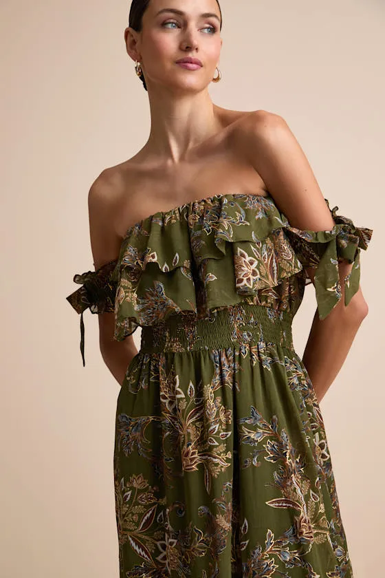 Love and Blooms Olive Green Floral Print Off-the-Shoulder Dress sold by Lulus