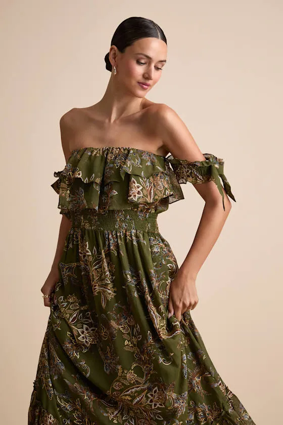 Love and Blooms Olive Green Floral Print Off-the-Shoulder Dress sold by Lulus product image thumbnail 3