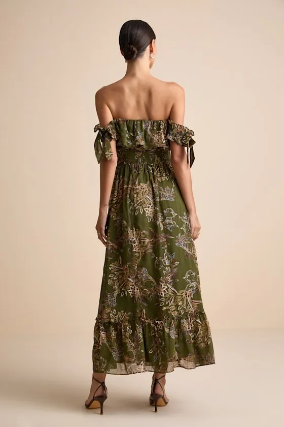 Love and Blooms Olive Green Floral Print Off-the-Shoulder Dress sold by Lulus product image thumbnail 4