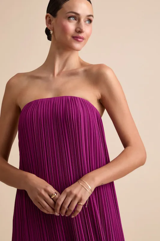 Yamuna Magenta Pleated Strapless Maxi Dress sold by Lulus