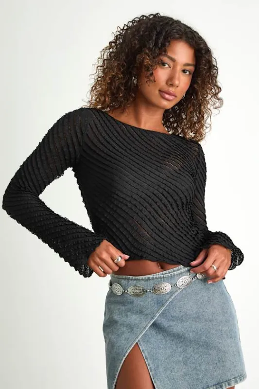 Xavia Black Ruffled Knit Asymmetrical Long Sleeve Top sold by Lulus