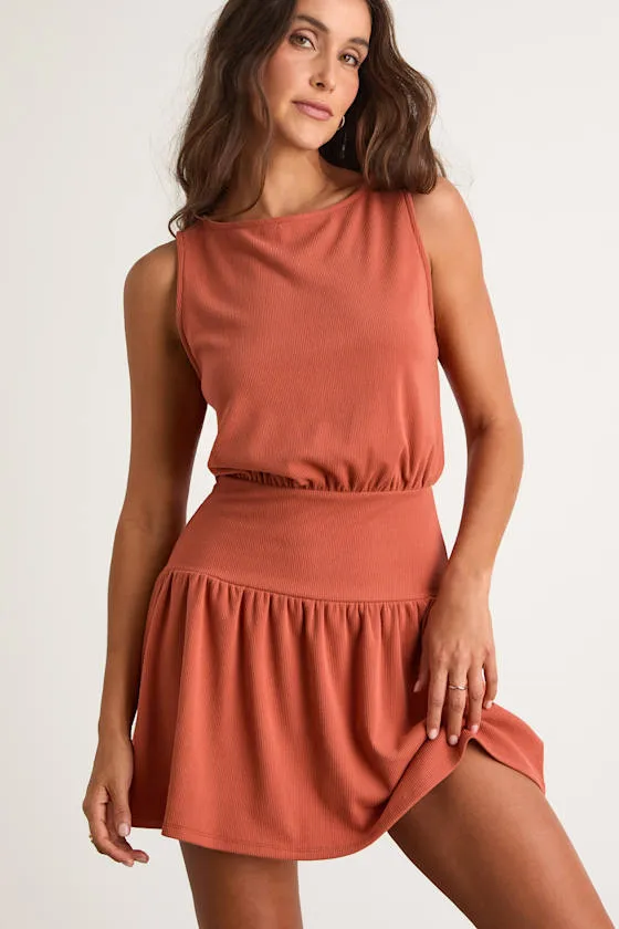 Junie Terracotta Ribbed Knit Boat Neck Mini Dress sold by Lulus product image thumbnail 2