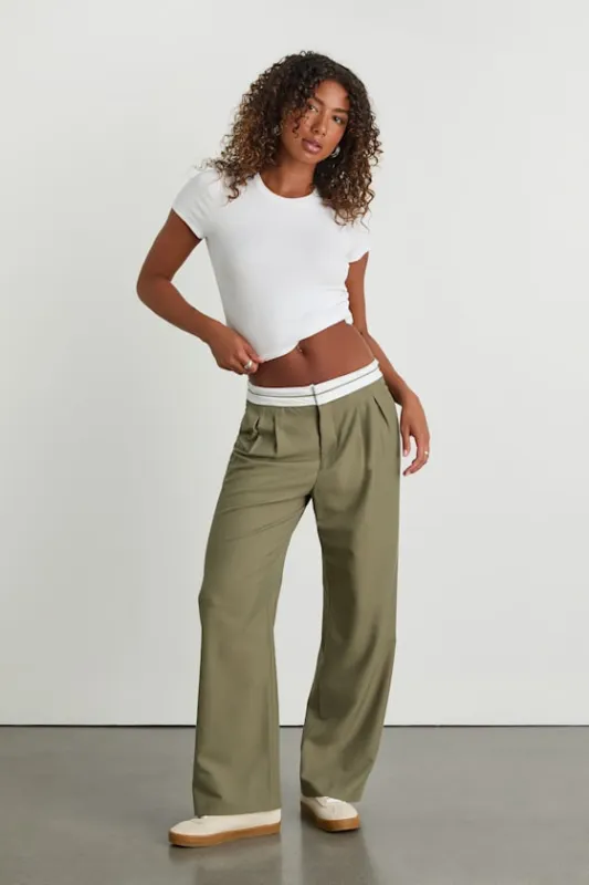 Refined Mood Olive and White Straight Leg Trouser Pants sold by Lulus