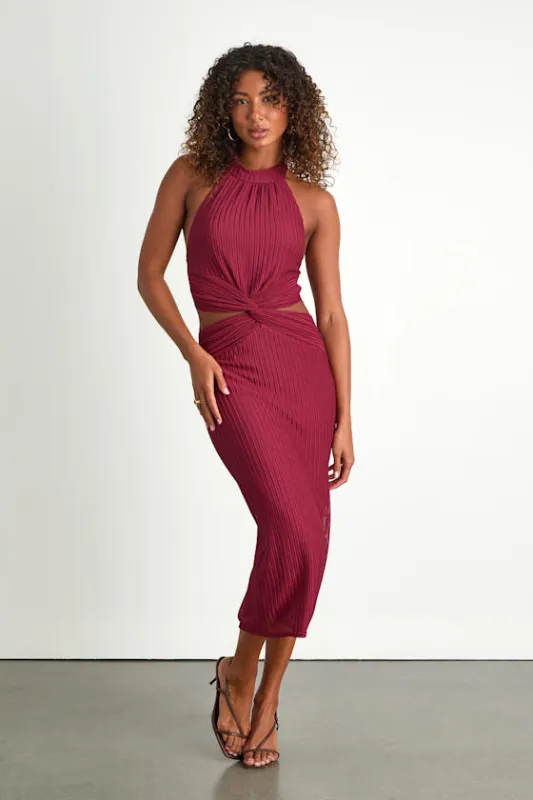 Poised Attitude Burgundy Halter Cutout Twist-Front Midi Dress sold by Lulus