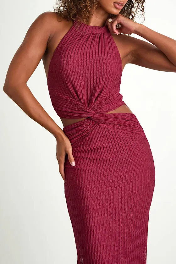 Poised Attitude Burgundy Halter Cutout Twist-Front Midi Dress sold by Lulus product image thumbnail 2