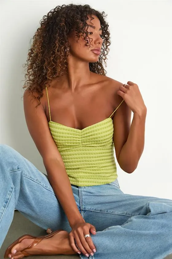 Jimena Lime Green Striped Knit Ruched Cami Top sold by Lulus