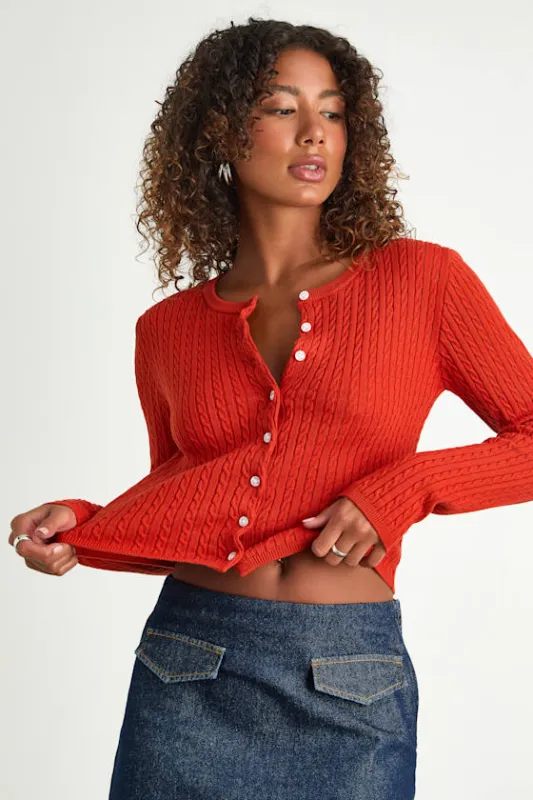 Marylu Bright Red Cable Knit Cardigan Sweater Top sold by Lulus