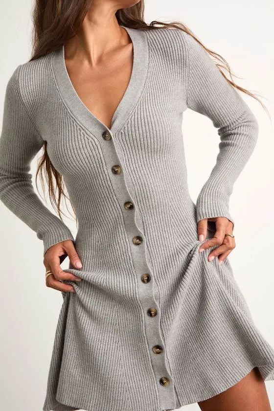 Adorably Flirty Heather Grey Button-Front Sweater Mini Dress sold by Lulus product image thumbnail 2