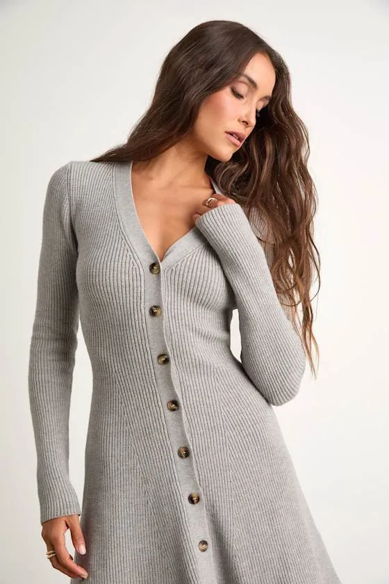 Adorably Flirty Heather Grey Button-Front Sweater Mini Dress sold by Lulus product image thumbnail 4