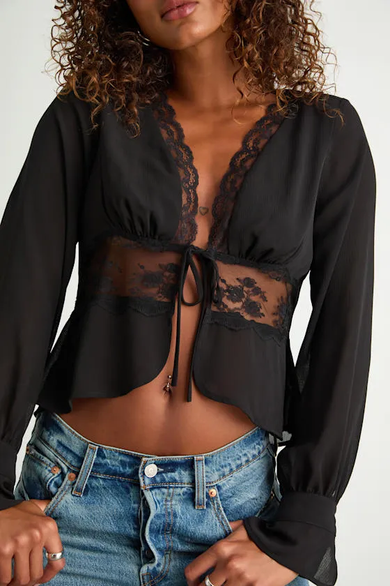 Irelynn Black Lace Long Sleeve Tie-Front Top sold by Lulus