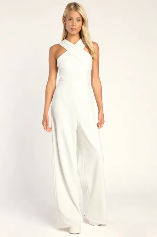 Criss-Cross Your Mind White Cross-Front Wide-Leg Jumpsuit sold by Lulus