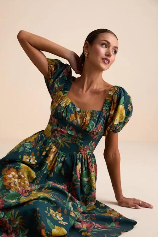 Adorable Tendencies Dark Teal Floral Puff Sleeve Midi Dress sold by Lulus