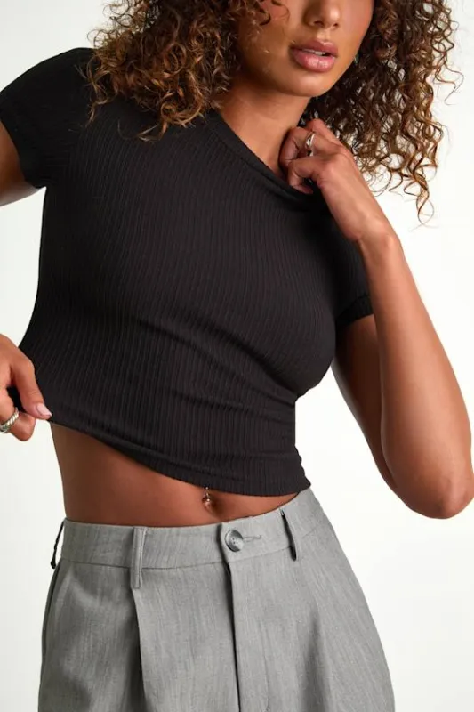 Poppy Black Ribbed Knit Short Sleeve Tee sold by Lulus
