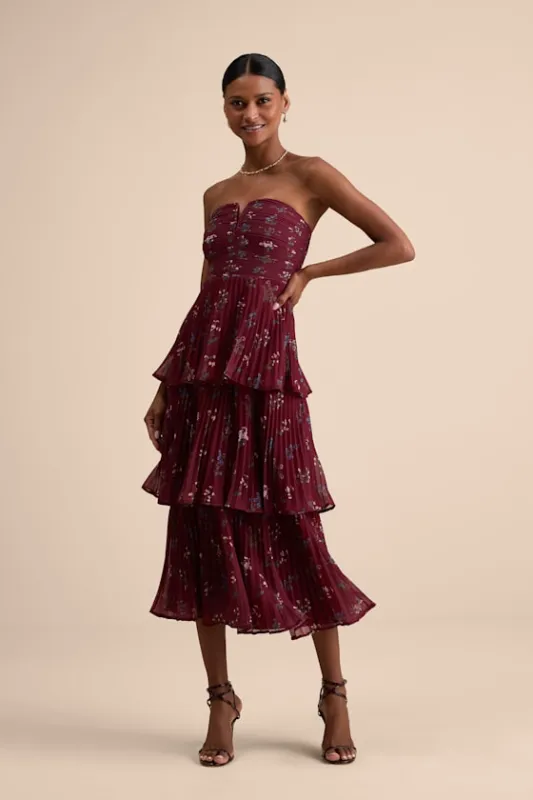 Hadelyn Wine Red Floral Pleated Tiered Midi Dress sold by Lulus