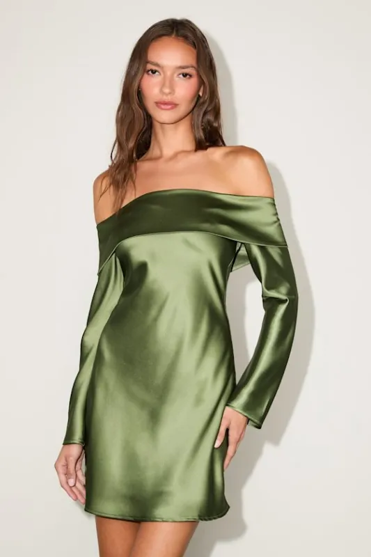 Luxurious Vision Olive Green Satin Off-the-Shoulder Mini Dress sold by Lulus