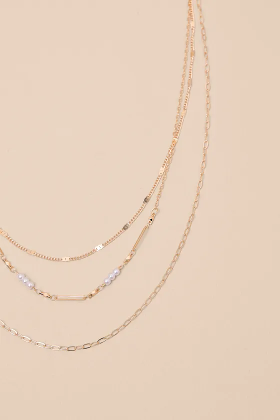 Cassius Gold Pearl Layered Chain Necklace sold by Lulus product image thumbnail 2