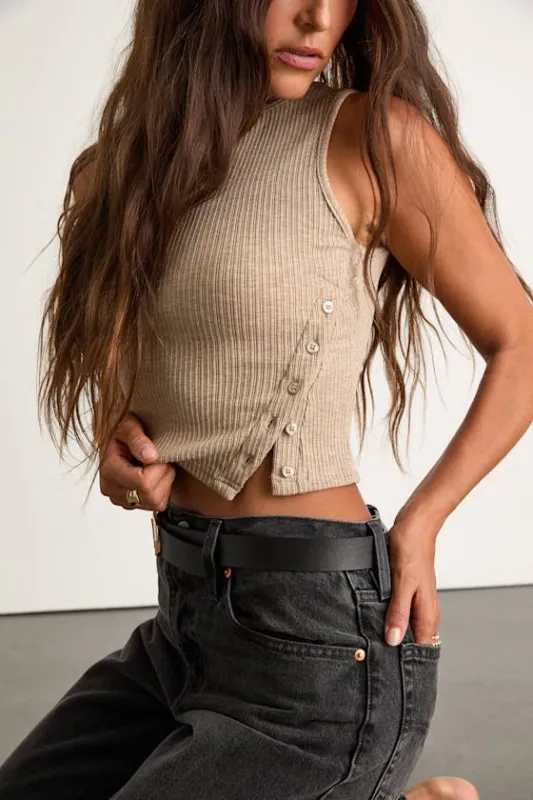 Michayla Taupe Ribbed Knit Side-Button Tank Top sold by Lulus