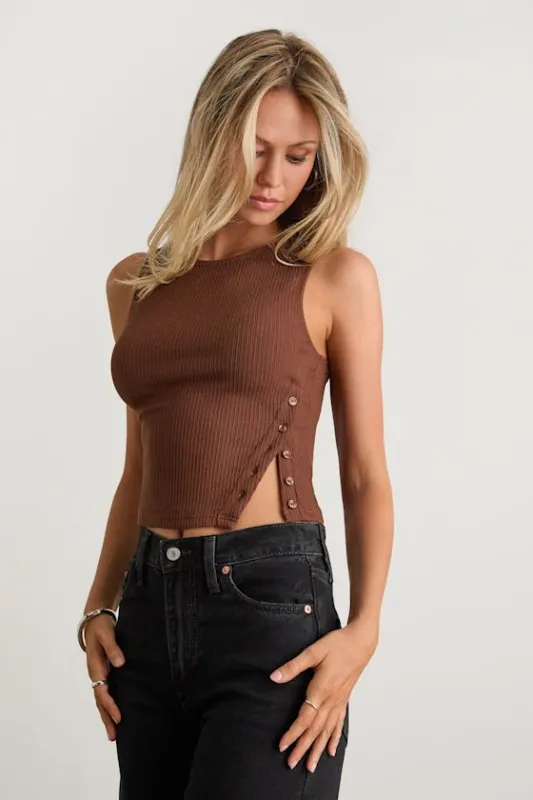 Michayla Brown Ribbed Knit Side-Button Tank Top sold by Lulus